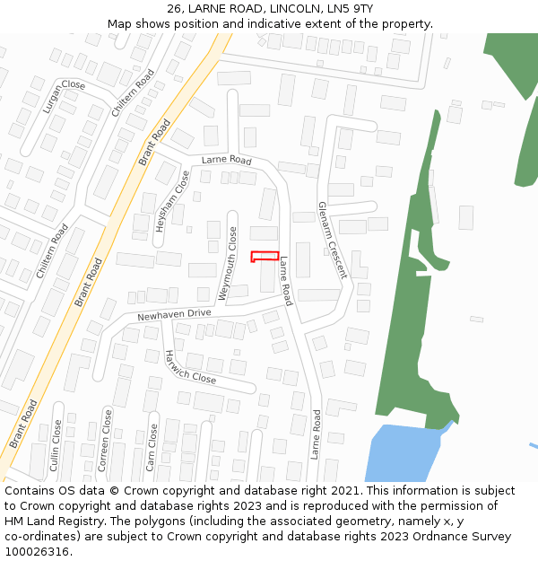 26, LARNE ROAD, LINCOLN, LN5 9TY: Location map and indicative extent of plot