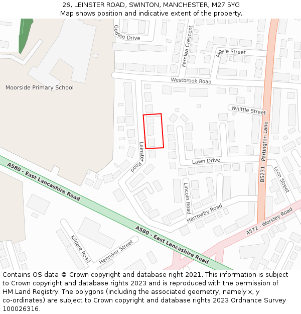 26, LEINSTER ROAD, SWINTON, MANCHESTER, M27 5YG: Location map and indicative extent of plot