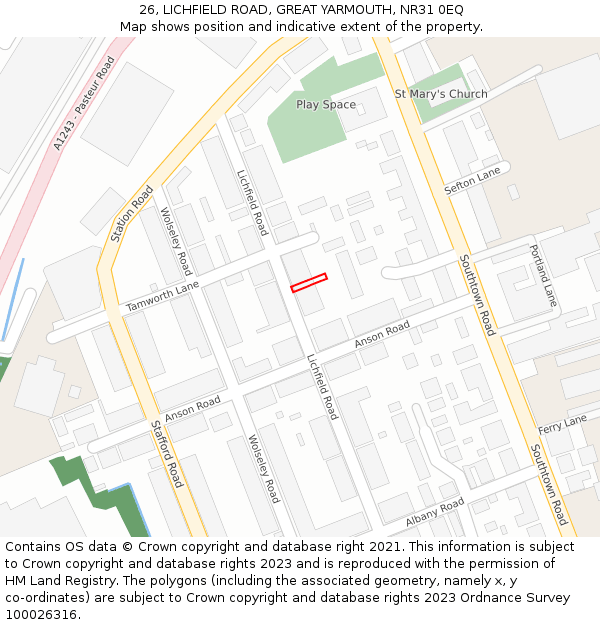 26, LICHFIELD ROAD, GREAT YARMOUTH, NR31 0EQ: Location map and indicative extent of plot