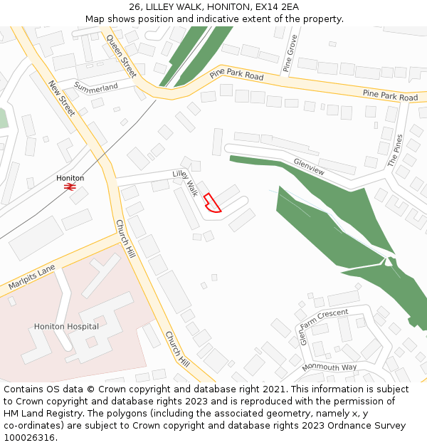 26, LILLEY WALK, HONITON, EX14 2EA: Location map and indicative extent of plot