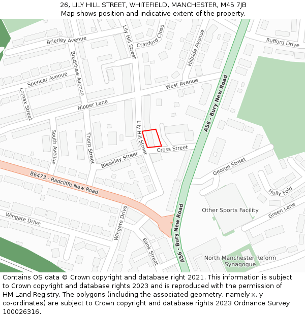 26, LILY HILL STREET, WHITEFIELD, MANCHESTER, M45 7JB: Location map and indicative extent of plot