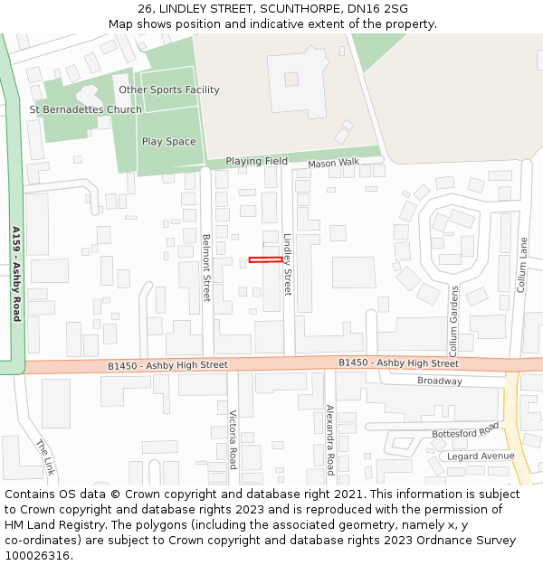 26, LINDLEY STREET, SCUNTHORPE, DN16 2SG: Location map and indicative extent of plot