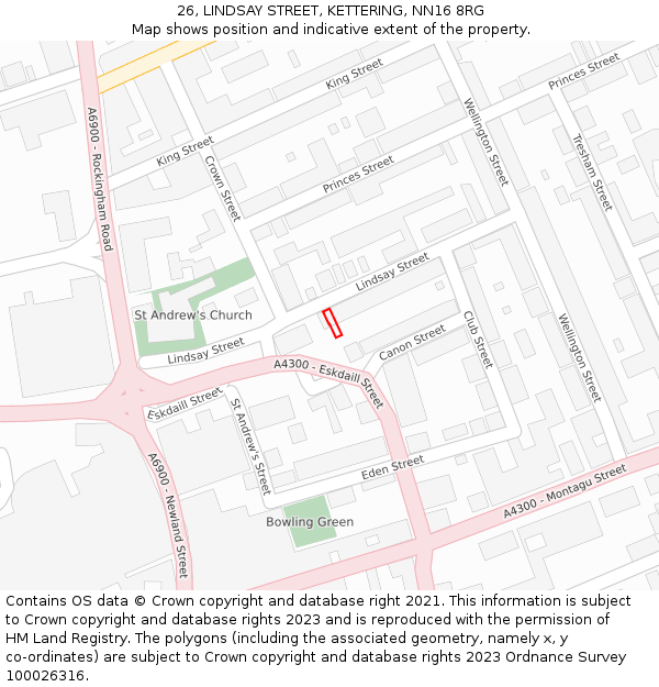 26, LINDSAY STREET, KETTERING, NN16 8RG: Location map and indicative extent of plot