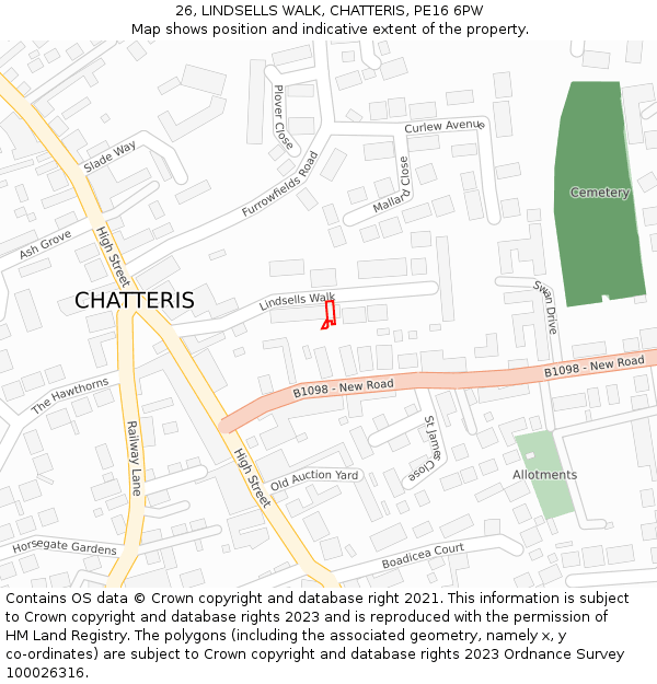 26, LINDSELLS WALK, CHATTERIS, PE16 6PW: Location map and indicative extent of plot