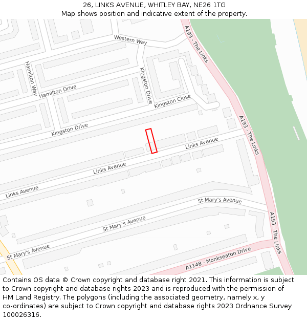 26, LINKS AVENUE, WHITLEY BAY, NE26 1TG: Location map and indicative extent of plot