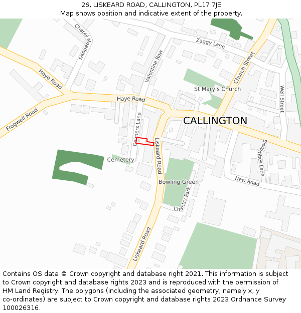 26, LISKEARD ROAD, CALLINGTON, PL17 7JE: Location map and indicative extent of plot