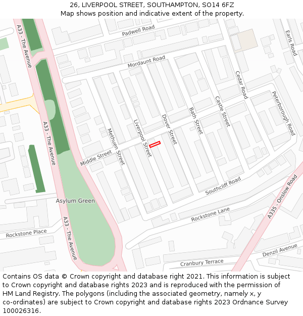 26, LIVERPOOL STREET, SOUTHAMPTON, SO14 6FZ: Location map and indicative extent of plot