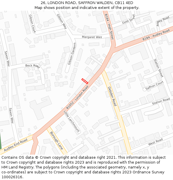 26, LONDON ROAD, SAFFRON WALDEN, CB11 4ED: Location map and indicative extent of plot