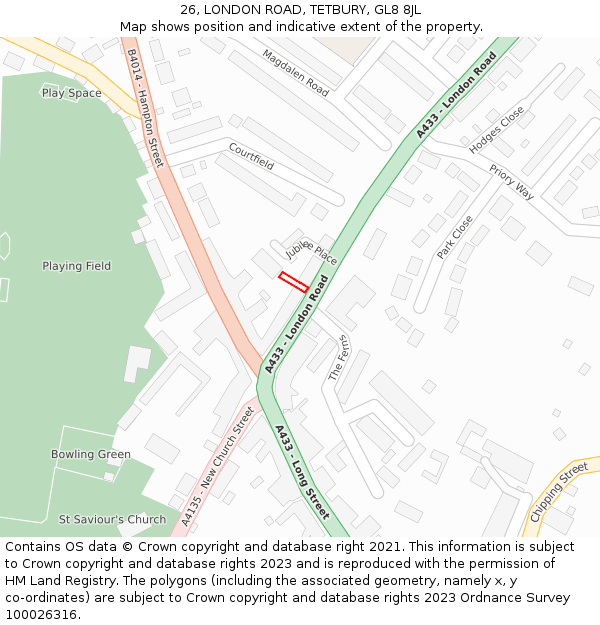 26, LONDON ROAD, TETBURY, GL8 8JL: Location map and indicative extent of plot