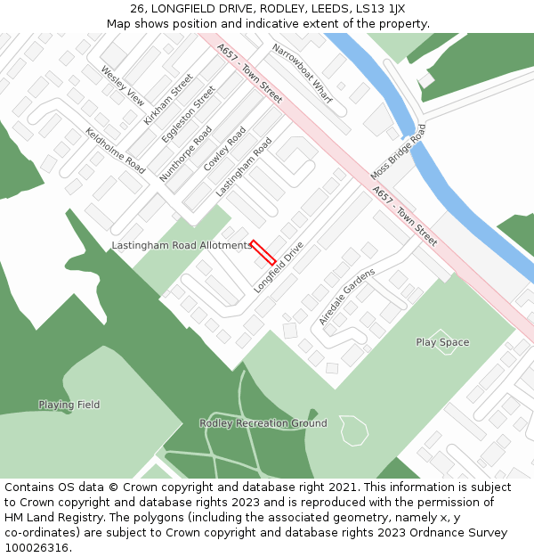 26, LONGFIELD DRIVE, RODLEY, LEEDS, LS13 1JX: Location map and indicative extent of plot