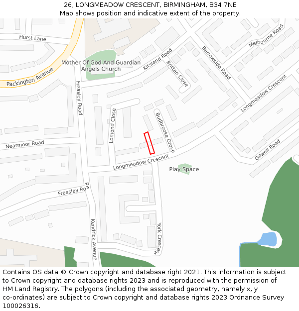 26, LONGMEADOW CRESCENT, BIRMINGHAM, B34 7NE: Location map and indicative extent of plot