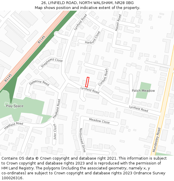 26, LYNFIELD ROAD, NORTH WALSHAM, NR28 0BG: Location map and indicative extent of plot