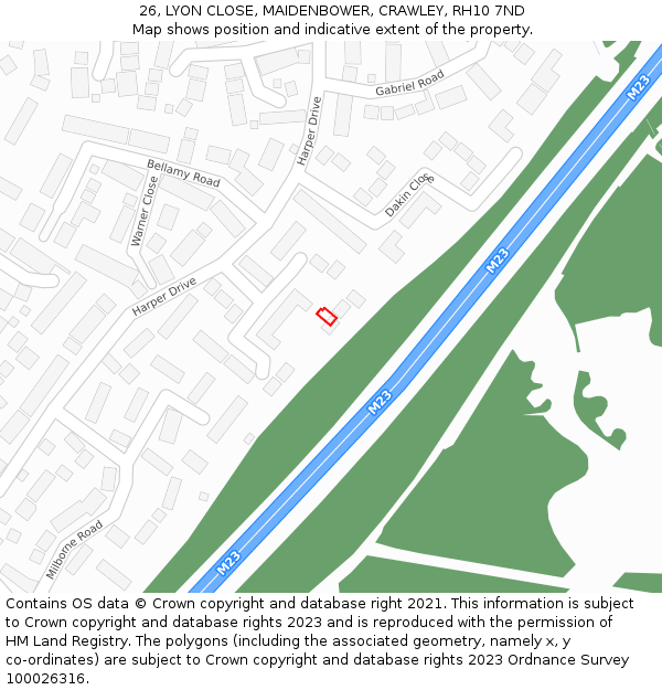 26, LYON CLOSE, MAIDENBOWER, CRAWLEY, RH10 7ND: Location map and indicative extent of plot