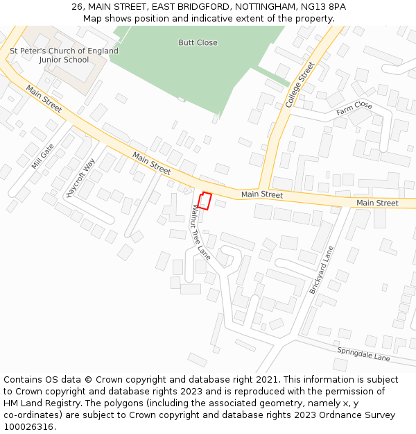 26, MAIN STREET, EAST BRIDGFORD, NOTTINGHAM, NG13 8PA: Location map and indicative extent of plot