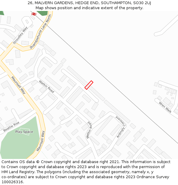 26, MALVERN GARDENS, HEDGE END, SOUTHAMPTON, SO30 2UJ: Location map and indicative extent of plot