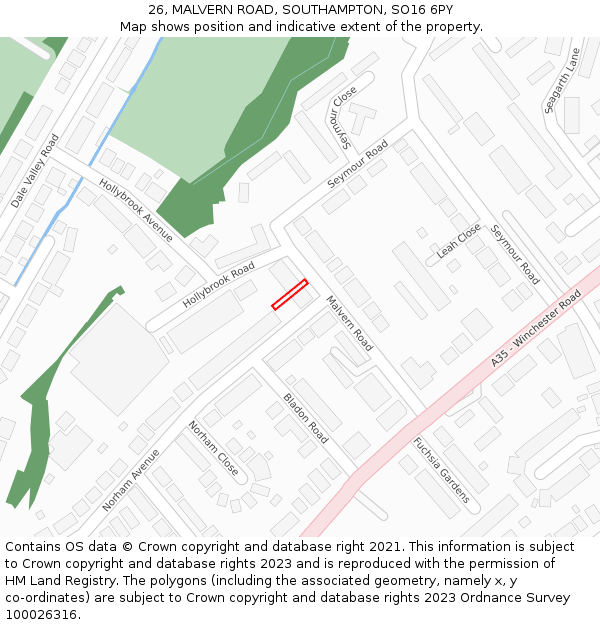 26, MALVERN ROAD, SOUTHAMPTON, SO16 6PY: Location map and indicative extent of plot
