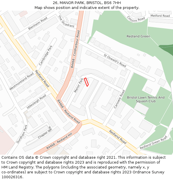 26, MANOR PARK, BRISTOL, BS6 7HH: Location map and indicative extent of plot