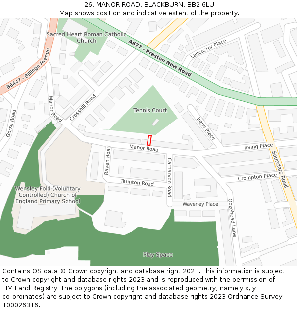 26, MANOR ROAD, BLACKBURN, BB2 6LU: Location map and indicative extent of plot