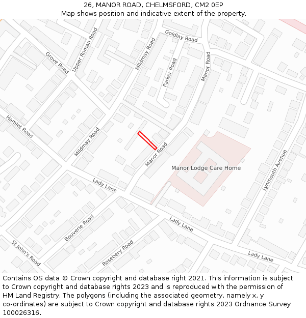 26, MANOR ROAD, CHELMSFORD, CM2 0EP: Location map and indicative extent of plot