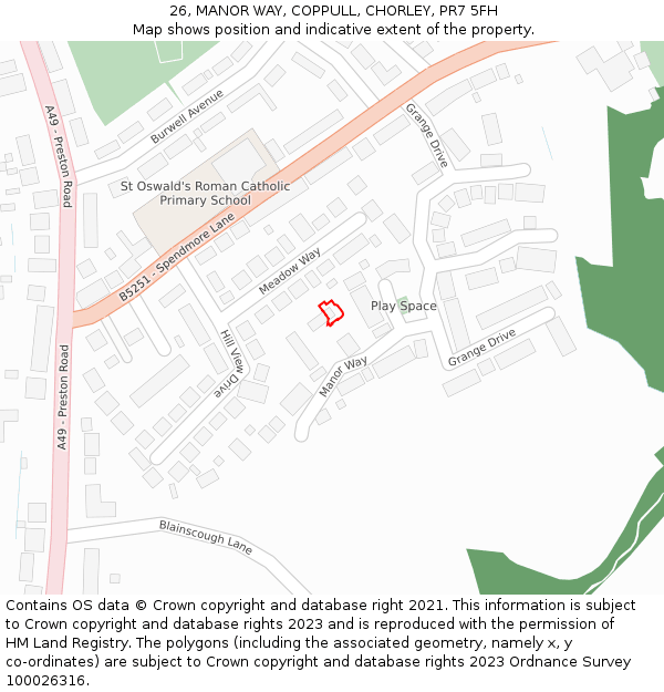 26, MANOR WAY, COPPULL, CHORLEY, PR7 5FH: Location map and indicative extent of plot