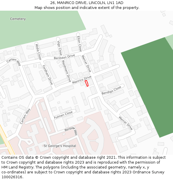 26, MANRICO DRIVE, LINCOLN, LN1 1AD: Location map and indicative extent of plot