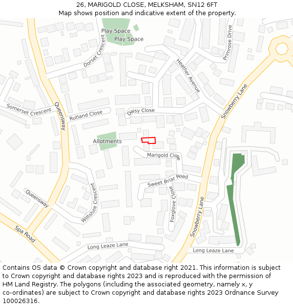 26, MARIGOLD CLOSE, MELKSHAM, SN12 6FT: Location map and indicative extent of plot