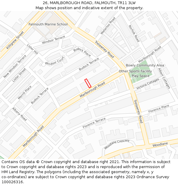 26, MARLBOROUGH ROAD, FALMOUTH, TR11 3LW: Location map and indicative extent of plot