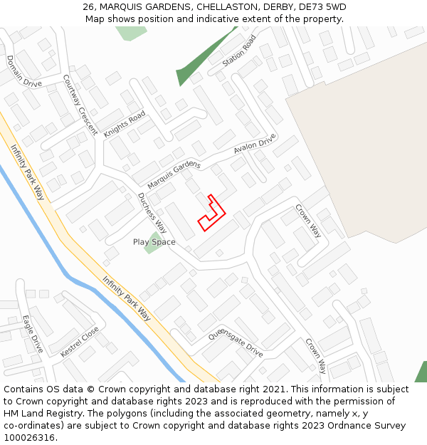 26, MARQUIS GARDENS, CHELLASTON, DERBY, DE73 5WD: Location map and indicative extent of plot