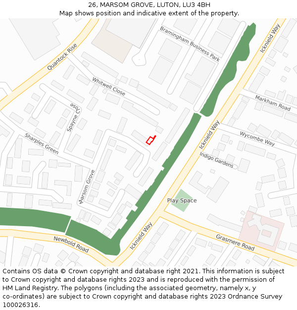 26, MARSOM GROVE, LUTON, LU3 4BH: Location map and indicative extent of plot