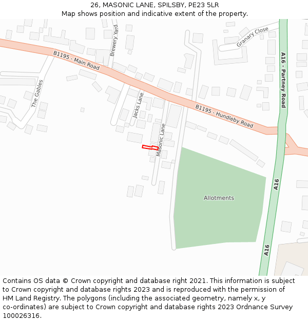 26, MASONIC LANE, SPILSBY, PE23 5LR: Location map and indicative extent of plot