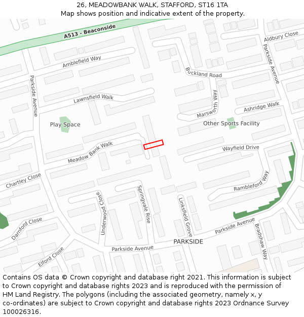 26, MEADOWBANK WALK, STAFFORD, ST16 1TA: Location map and indicative extent of plot
