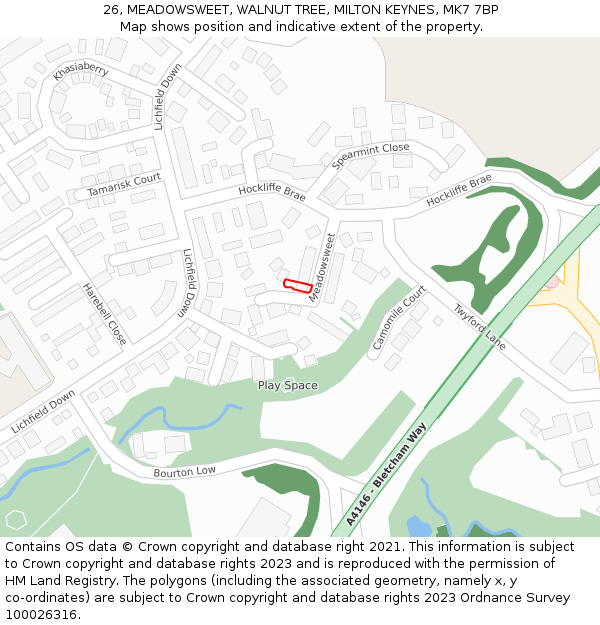 26, MEADOWSWEET, WALNUT TREE, MILTON KEYNES, MK7 7BP: Location map and indicative extent of plot