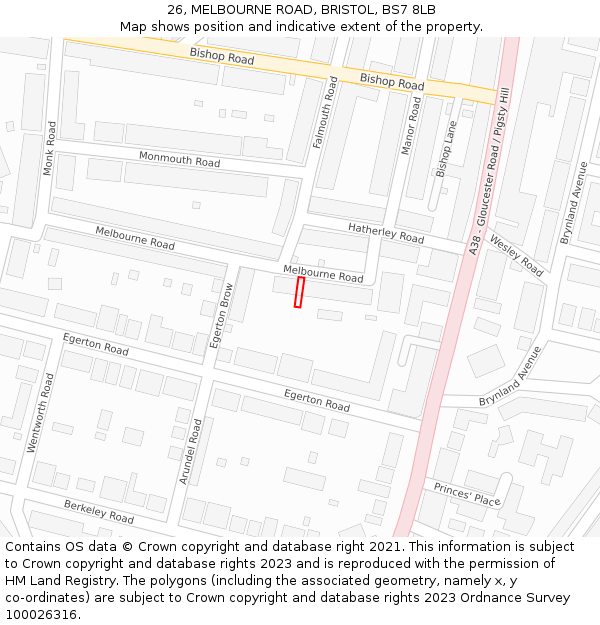 26, MELBOURNE ROAD, BRISTOL, BS7 8LB: Location map and indicative extent of plot