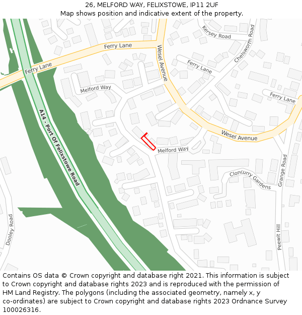 26, MELFORD WAY, FELIXSTOWE, IP11 2UF: Location map and indicative extent of plot