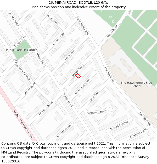 26, MENAI ROAD, BOOTLE, L20 6AW: Location map and indicative extent of plot