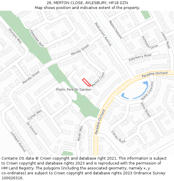 26, MERTON CLOSE, AYLESBURY, HP18 0ZN: Location map and indicative extent of plot