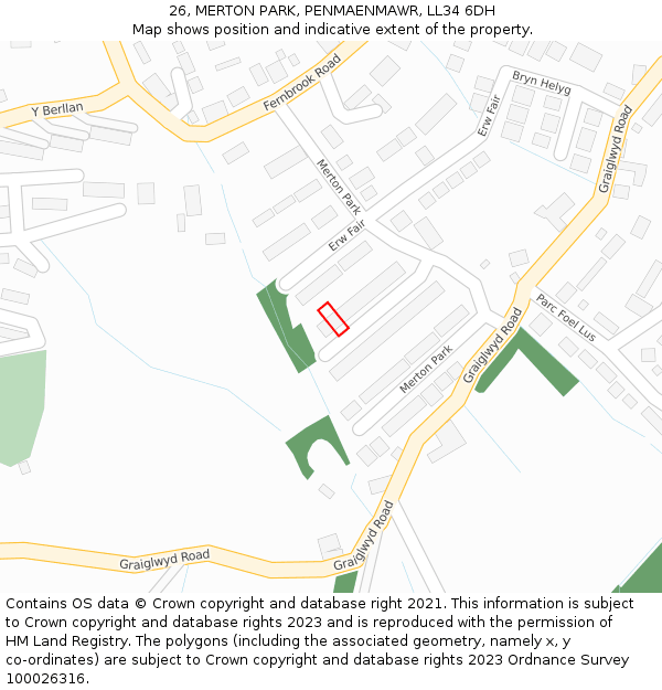 26, MERTON PARK, PENMAENMAWR, LL34 6DH: Location map and indicative extent of plot
