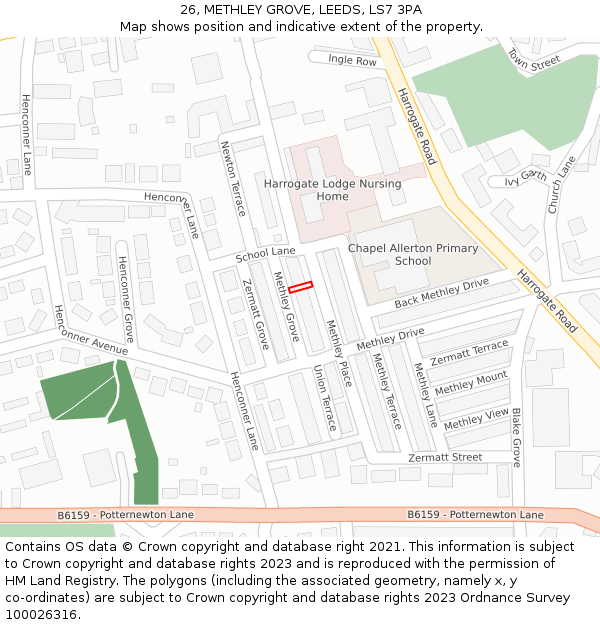 26, METHLEY GROVE, LEEDS, LS7 3PA: Location map and indicative extent of plot