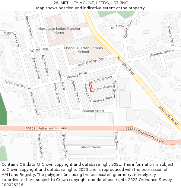 26, METHLEY MOUNT, LEEDS, LS7 3NG: Location map and indicative extent of plot