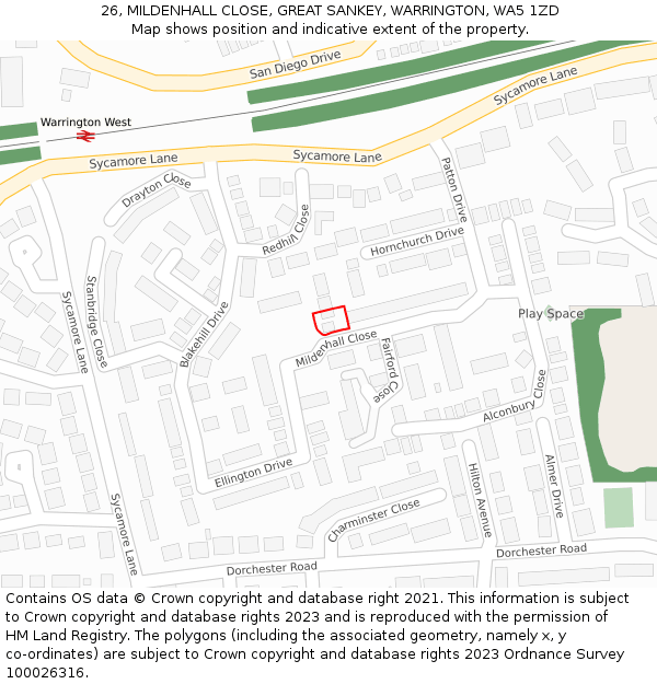 26, MILDENHALL CLOSE, GREAT SANKEY, WARRINGTON, WA5 1ZD: Location map and indicative extent of plot