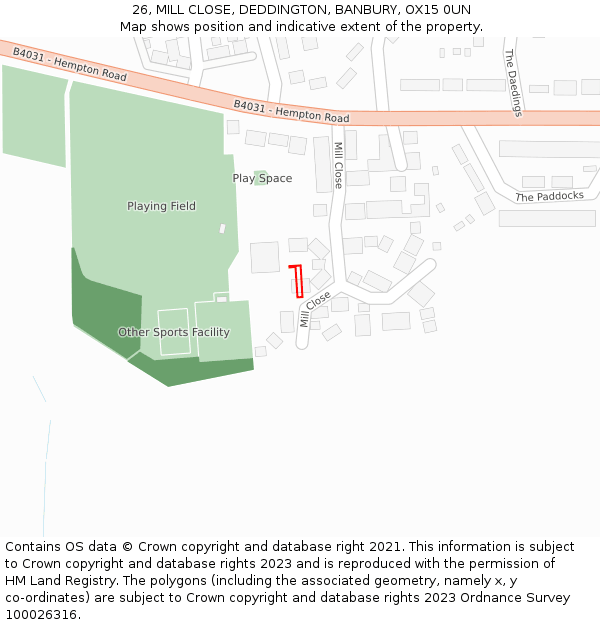 26, MILL CLOSE, DEDDINGTON, BANBURY, OX15 0UN: Location map and indicative extent of plot