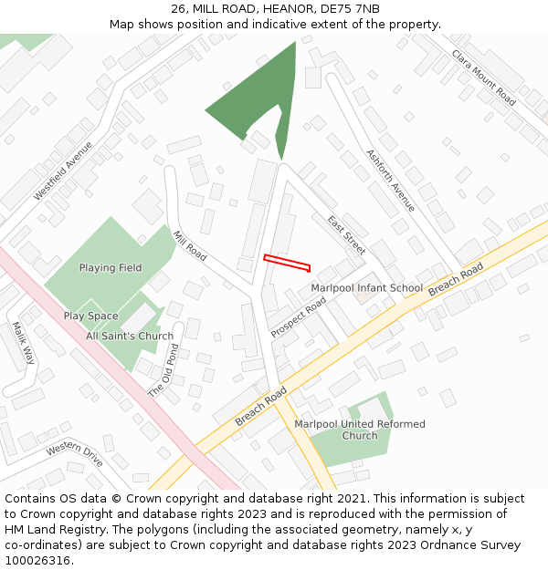 26, MILL ROAD, HEANOR, DE75 7NB: Location map and indicative extent of plot