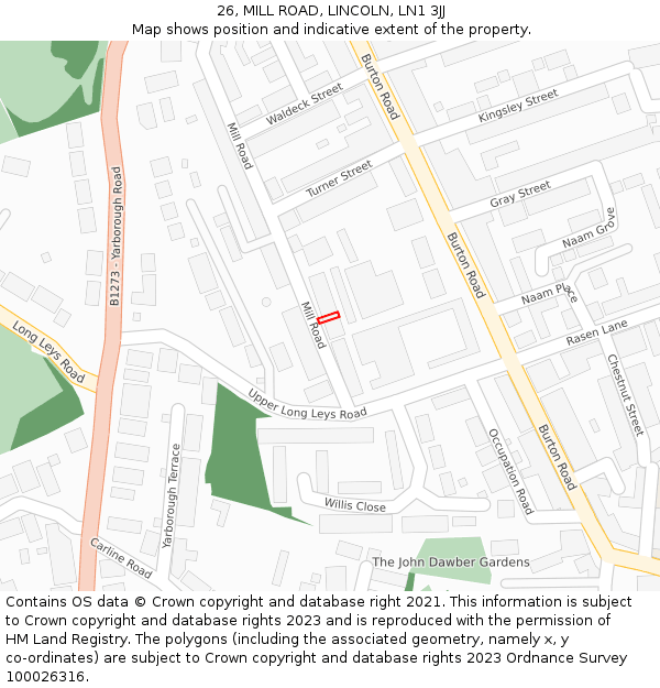 26, MILL ROAD, LINCOLN, LN1 3JJ: Location map and indicative extent of plot