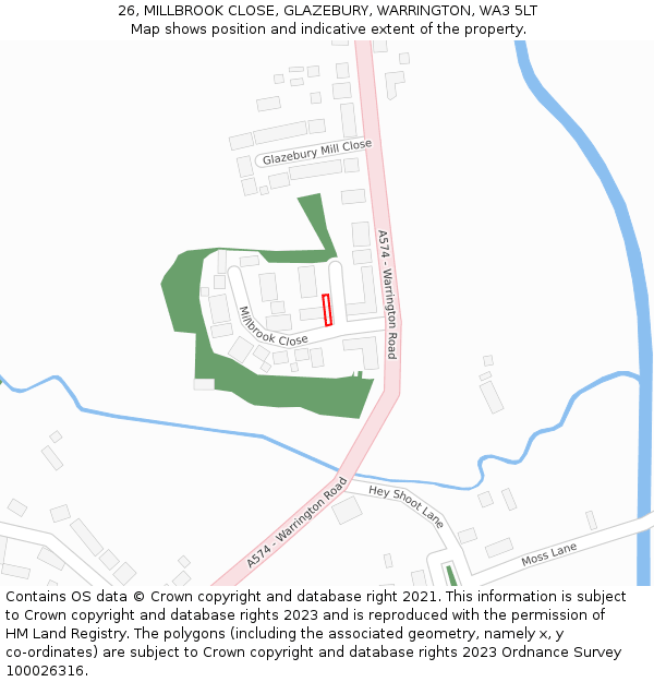 26, MILLBROOK CLOSE, GLAZEBURY, WARRINGTON, WA3 5LT: Location map and indicative extent of plot