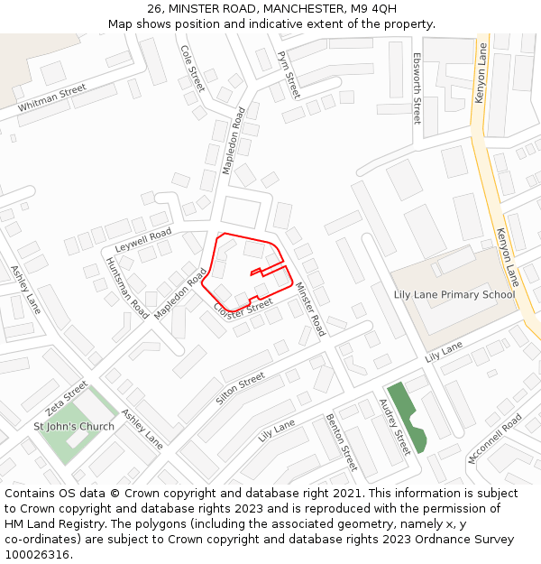 26, MINSTER ROAD, MANCHESTER, M9 4QH: Location map and indicative extent of plot
