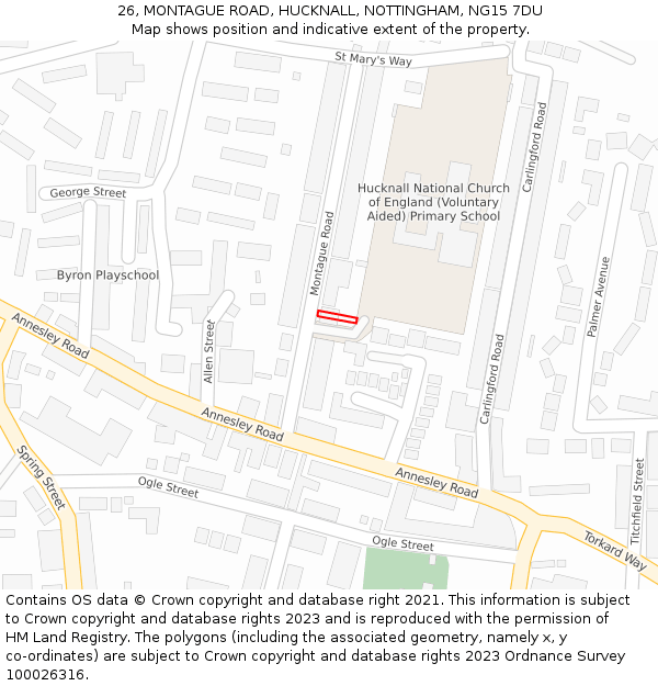 26, MONTAGUE ROAD, HUCKNALL, NOTTINGHAM, NG15 7DU: Location map and indicative extent of plot