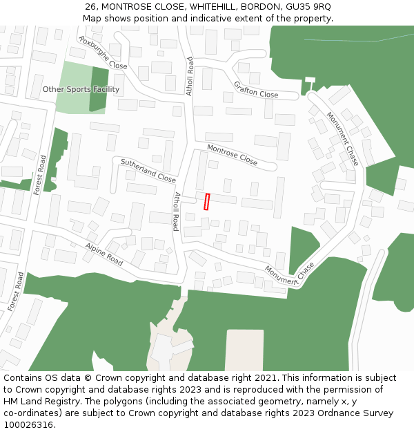 26, MONTROSE CLOSE, WHITEHILL, BORDON, GU35 9RQ: Location map and indicative extent of plot