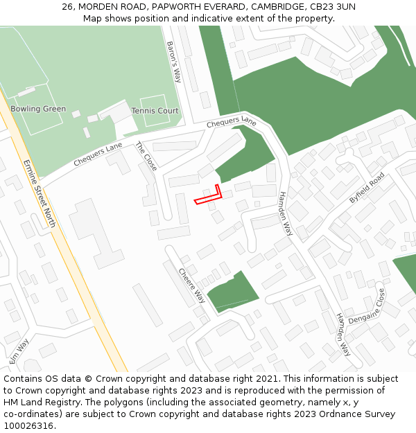 26, MORDEN ROAD, PAPWORTH EVERARD, CAMBRIDGE, CB23 3UN: Location map and indicative extent of plot