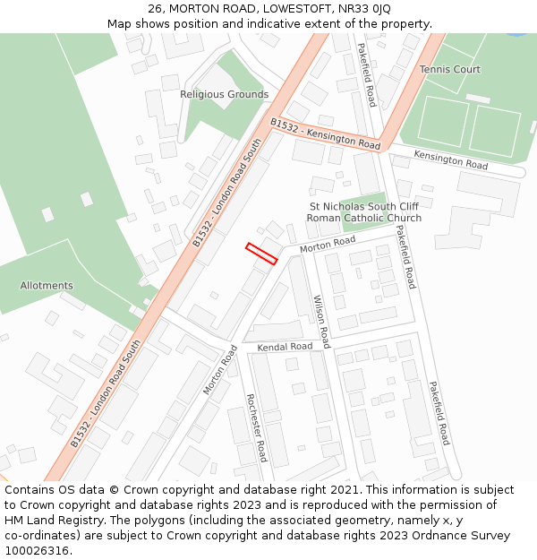 26, MORTON ROAD, LOWESTOFT, NR33 0JQ: Location map and indicative extent of plot