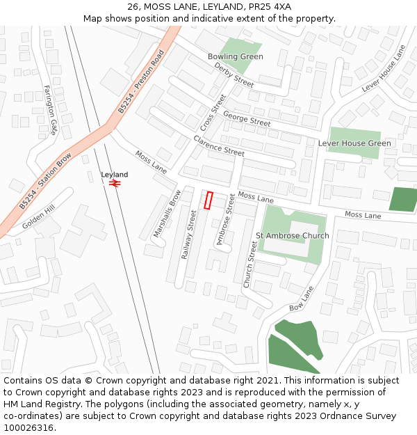 26, MOSS LANE, LEYLAND, PR25 4XA: Location map and indicative extent of plot